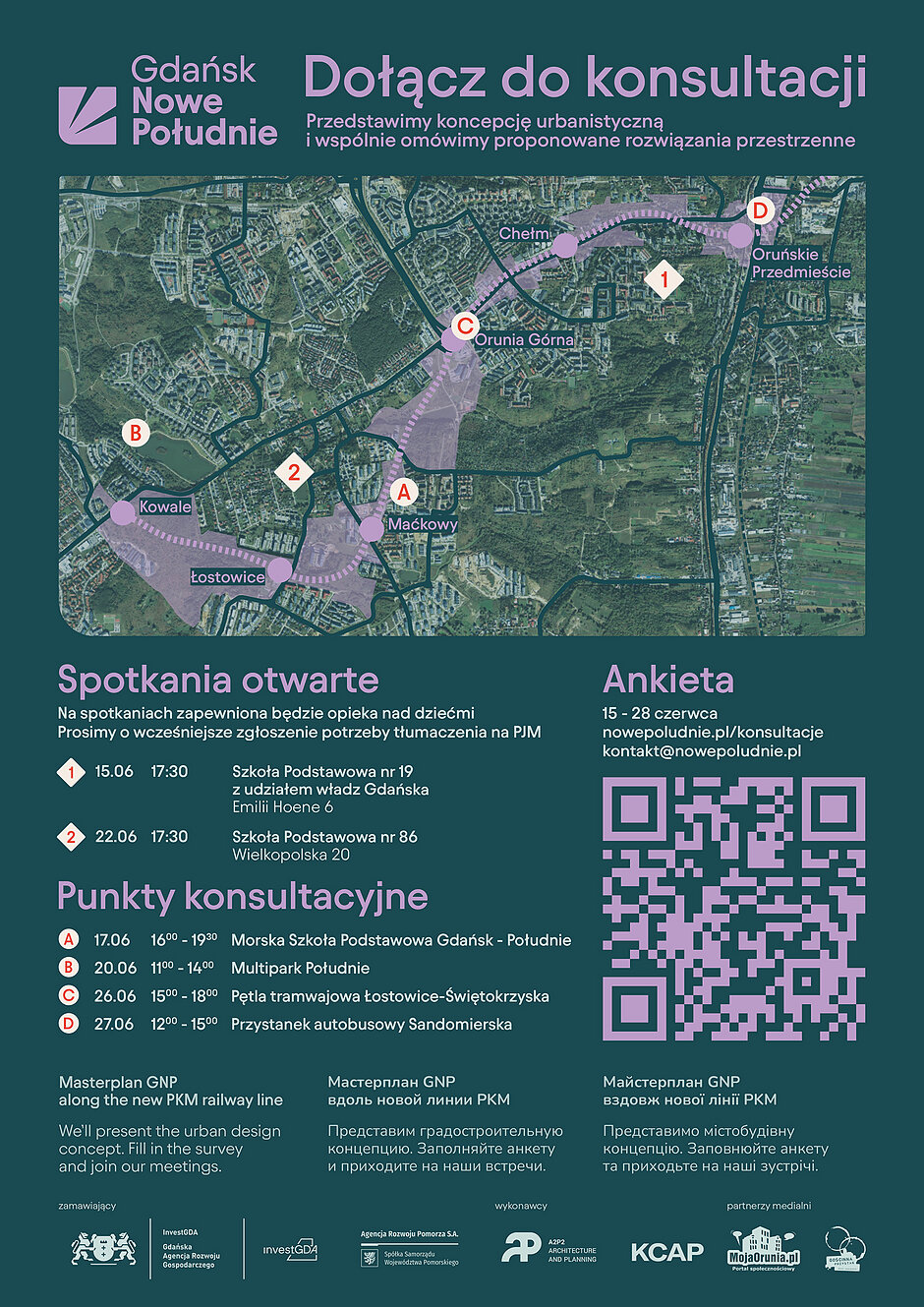 Plakat zapowiadający konsultacje z mapą terenu.
