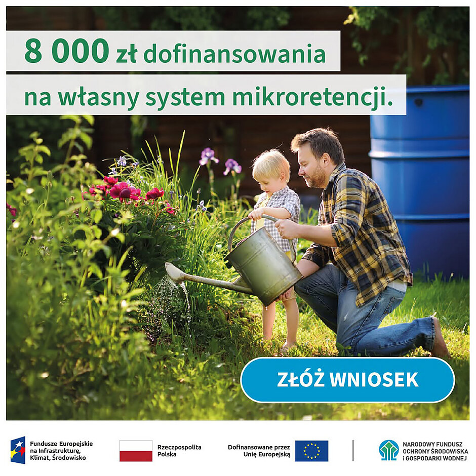 Grafika ze zdjęciem mężczyzn podlewającego rośliny w ogrodzie z dzieckiem z konewki oraz informacją o programie „Mikroretencja”.