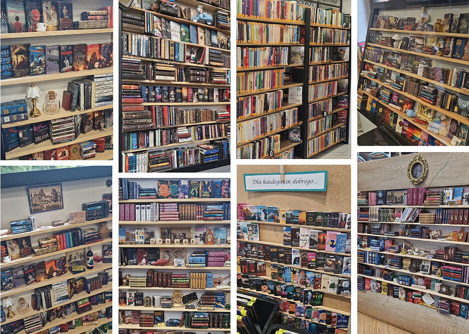 Osiem regałów z różnymi mini biblioteczkami i jeden z prawdziwą