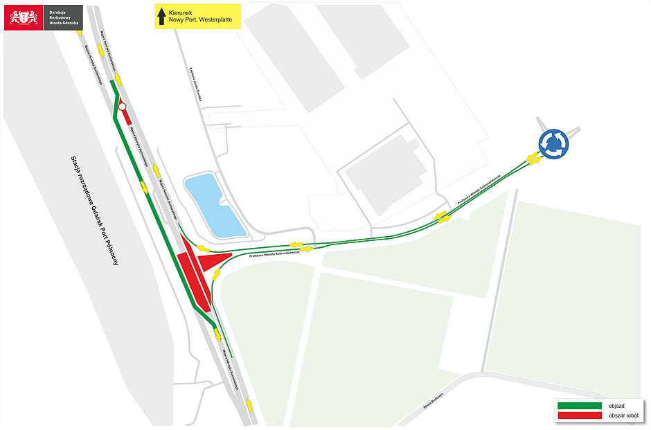Mapa pokazująca objazd i utrudnienia