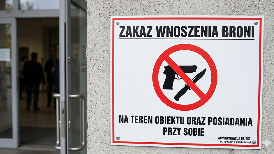 Ilustracja przedstawia ścianę budynku z zawieszoną na niej tablicą zakazu noszenia broni