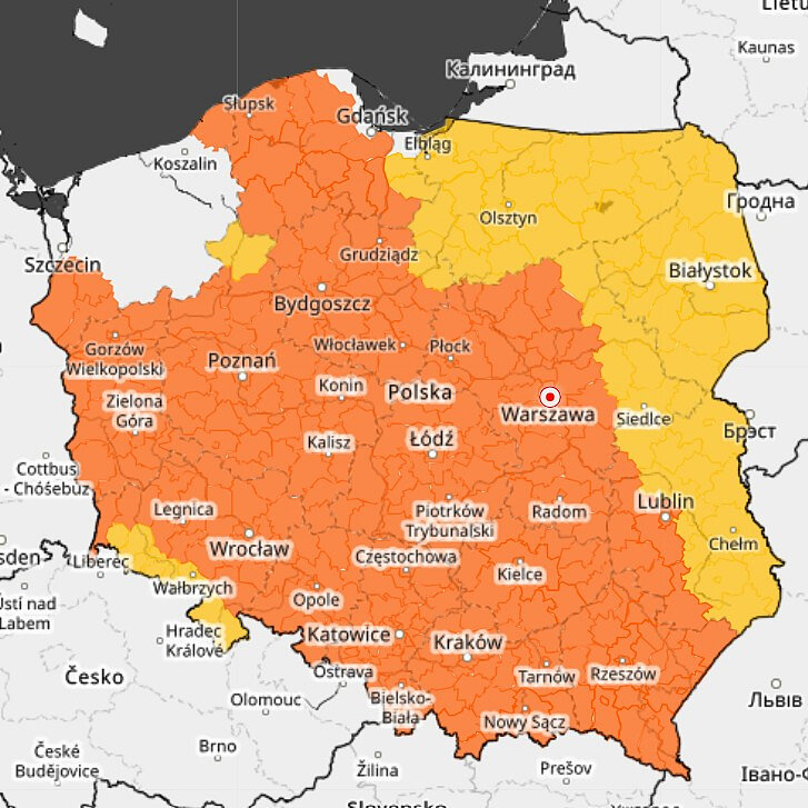 Mapka z obszarem kraju pokolorowana na pomarańczowo i żółto