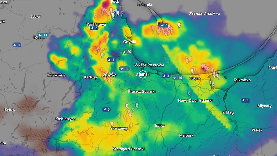 Mapka z zaznaczonymi miejscami burzowymi