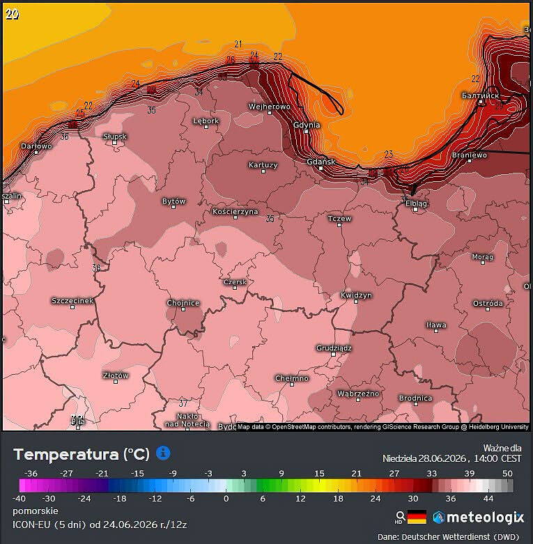 mapka Pomorza w kolorystyce od różu po pomarańczowy