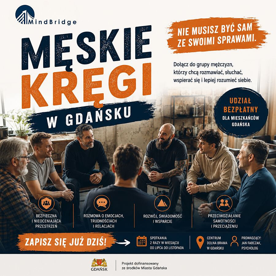 Grafika ze zdjęciem kilku mężczyzn siedzących w mieszkaniu w kręgu i informacją o spotkaniach męskich kręgów.