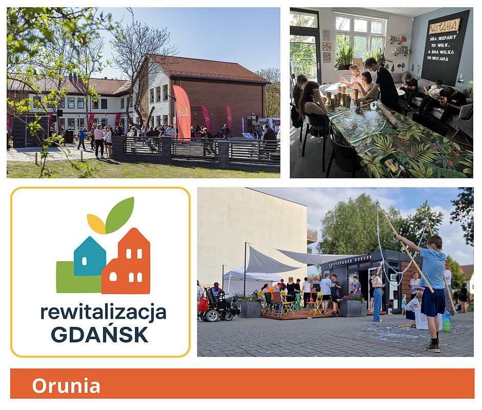 Kolaż zdjęć z Oruni - dom sąsiedzki i ludzie biorący udział w zajęciach