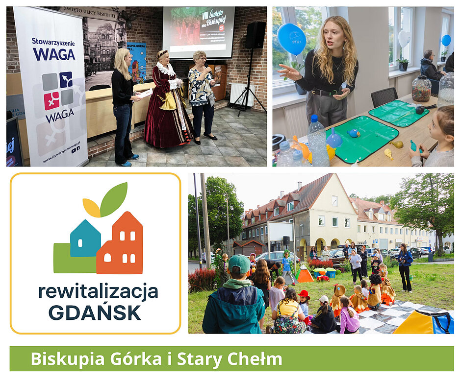 Kolaż zdjęć: pomieszczenie domu sąsiedzkiego przy ul. Biskupiej oraz budynek Centrum Aktywności Lokalnej przy ul Styp Rekowskiego 16
