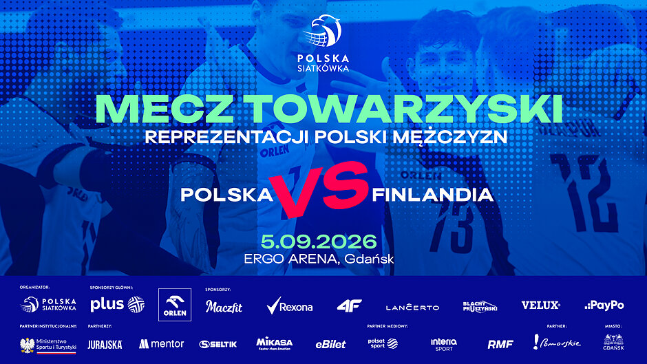 Plakat w niebieskim kolorze zapowiadający mecz Polska - Finlandia