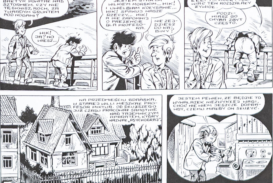 Czarno-biała strona komiksu przedstawia w górnej części rozmowę bohaterów na pokładzie statku podczas sztormu, w tym zmagającego się z chorobą morską Rocha. Dolne kadry ukazują starą willę na przedmieściu Gdańska oraz profesora Mixtura pracującego nad tajemniczym aparatem o nazwie „Psychograj”.