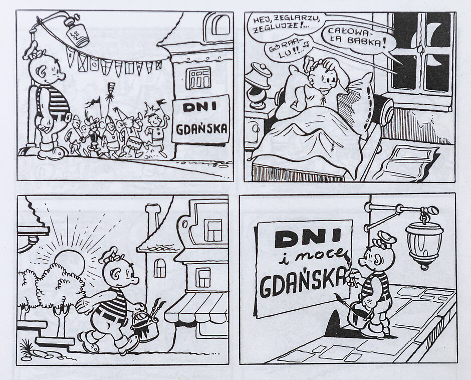 Czarno-biała strona komiksu składa się z czterech kadrów przedstawiających bohatera w marynarskim stroju na tle gdańskich kamienic. Ilustracje ukazują sceny związane ze świętem miasta, gdzie postać zmaga się z hałasem podczas „Dni Gdańska”, a na koniec domalowuje na plakacie napis „i noce”.