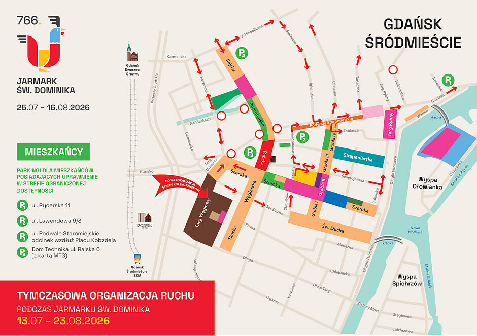 Mapa pokazująca zmiany w organizacji ruchu w Śródmieściu Gdańska w związku z Jarmarkiem św. Dominika