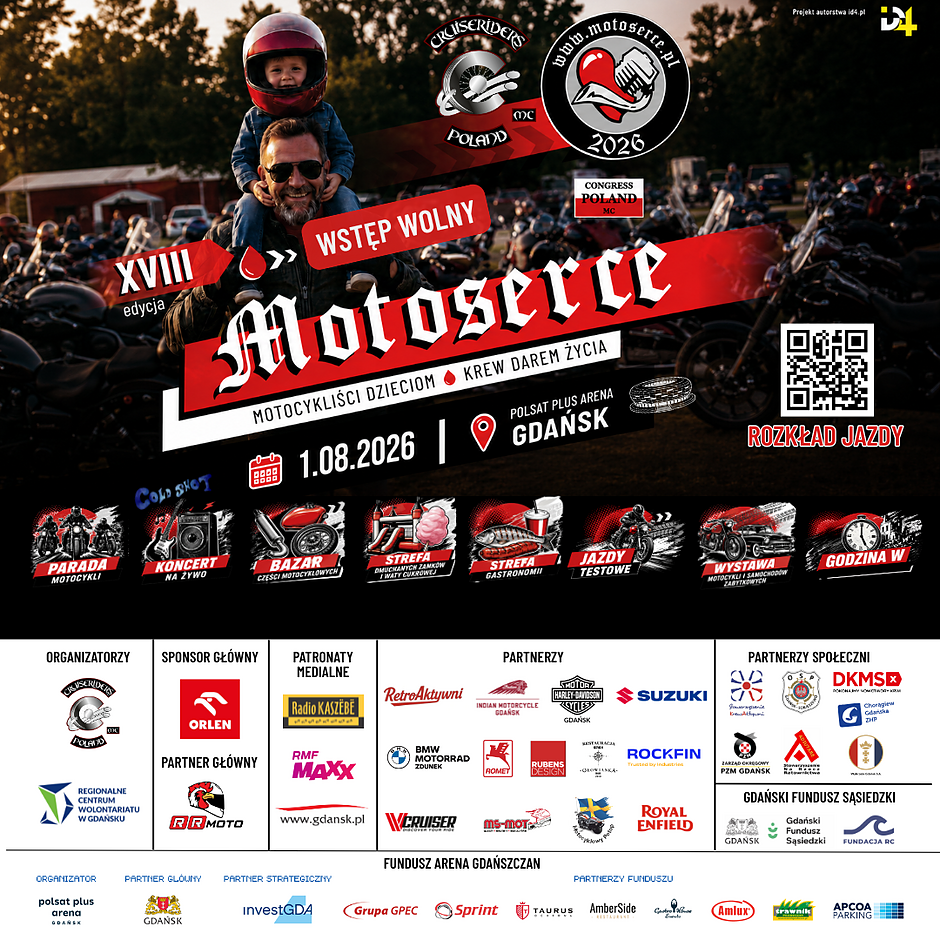 Plakat zapowiada XVIII edycję ogólnopolskiej akcji charytatywnej „Motoserce”, która odbędzie się 1 sierpnia 2026 roku przy Polsat Plus Arenie w Gdańsku pod hasłem „Motocykliści Dzieciom – Krew Darem Życia”. Wydarzenie ma charakter otwarty z darmowym wstępem, a w jego programie przewidziano m.in. paradę motocykli, koncerty na żywo, strefy dla dzieci i gastronomii oraz wystawę zabytkowych pojazdów.