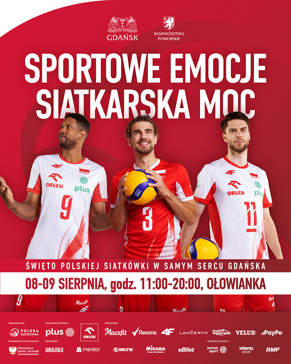 Plakat z siatkarzami i informacją o weekendzie z siatkarskimi atrakcjami.