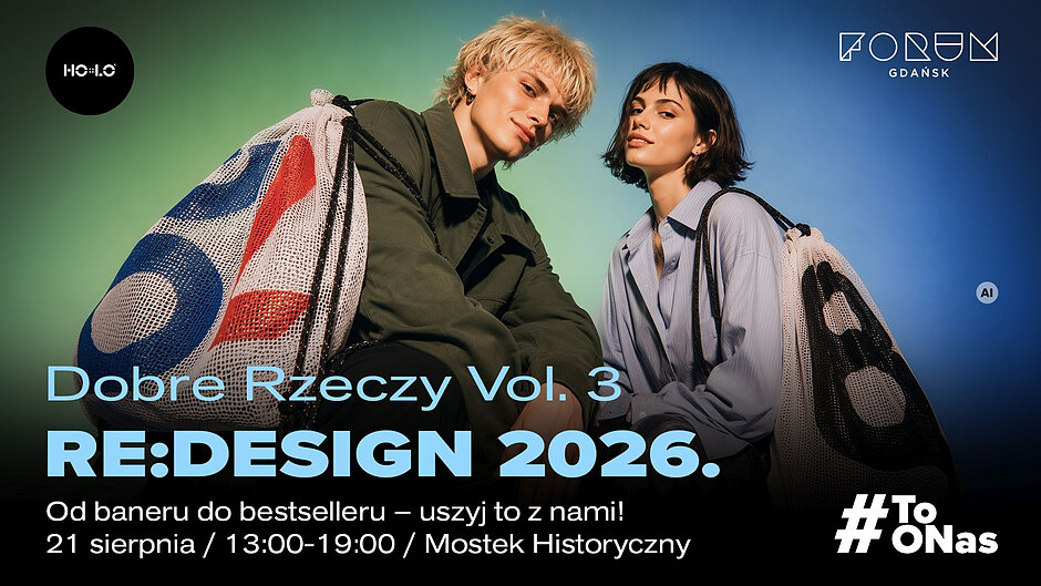 Grafika ze zdjęciem młodych ludzi i informacją o warsztatach szycia.