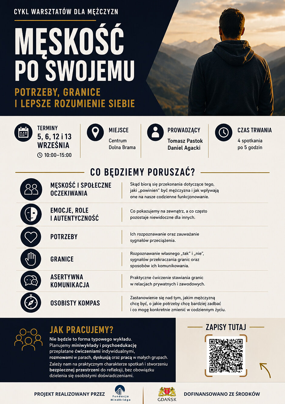 Plakat z mężczyzną tyłem w górach i informacją o warsztatach dla mężczyzn.