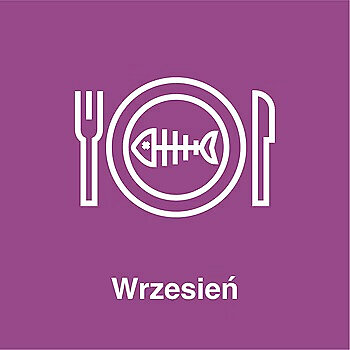 Fioletowy plakat projektu „Gdańsk Wybiera Zdrowie”. W centralnej części znajduje się biały symbol talerza, sztućców i ryby ułożonej na talerzu. Pod grafiką widnieje biały napis „Wrzesień”. Plakat informuje o temacie przewodnim projektu na wrzesień- zaburzeniach odżywiania.
