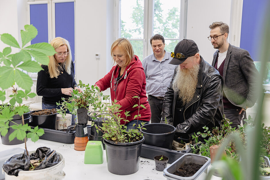 Kilka osób pochylonych nad roślinami doniczkowymi - instruktor udziela porad ogrodniczych
