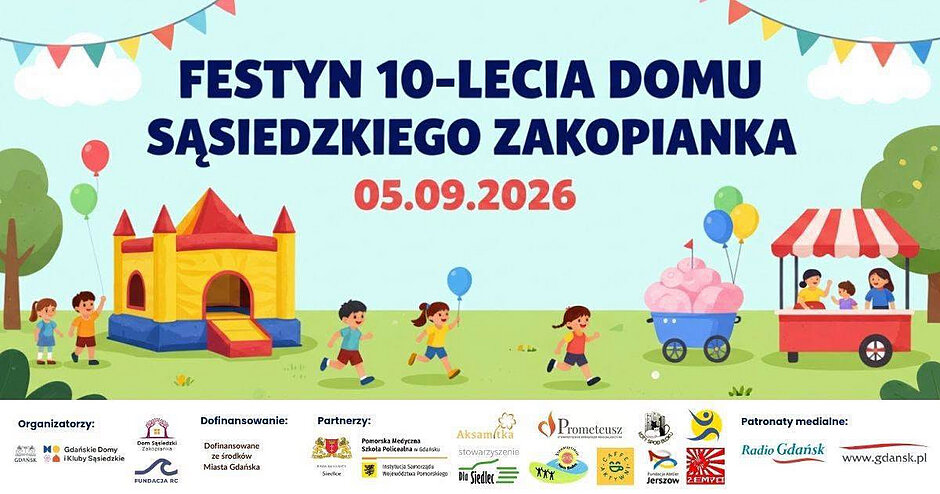 plakat informujący o festynie dziesięciolecia domu sąsiedzkiego Zakopianka