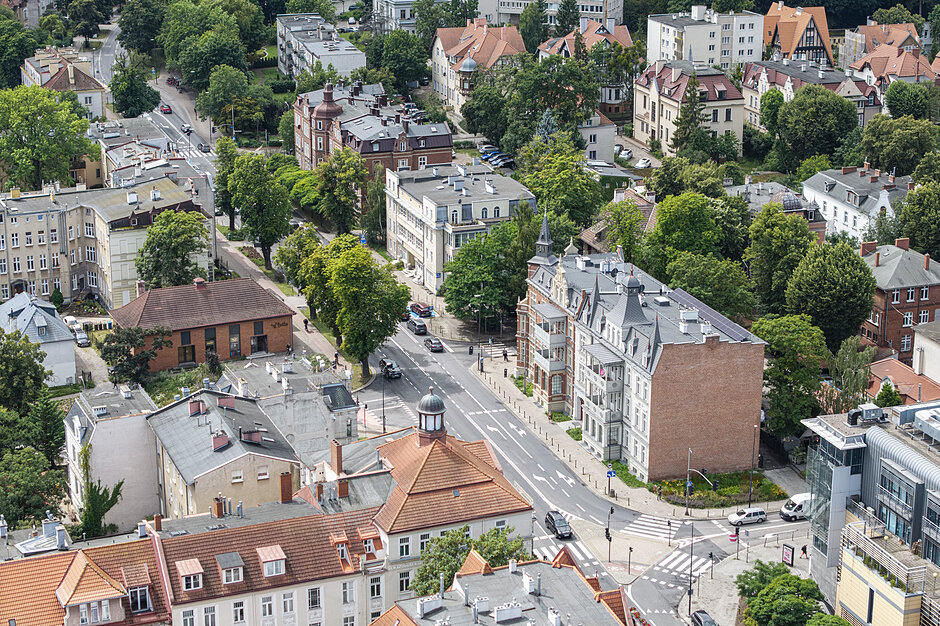 zabytkowe kamienice poprzetykane drzewami, widok z perspektywy lotu ptaka