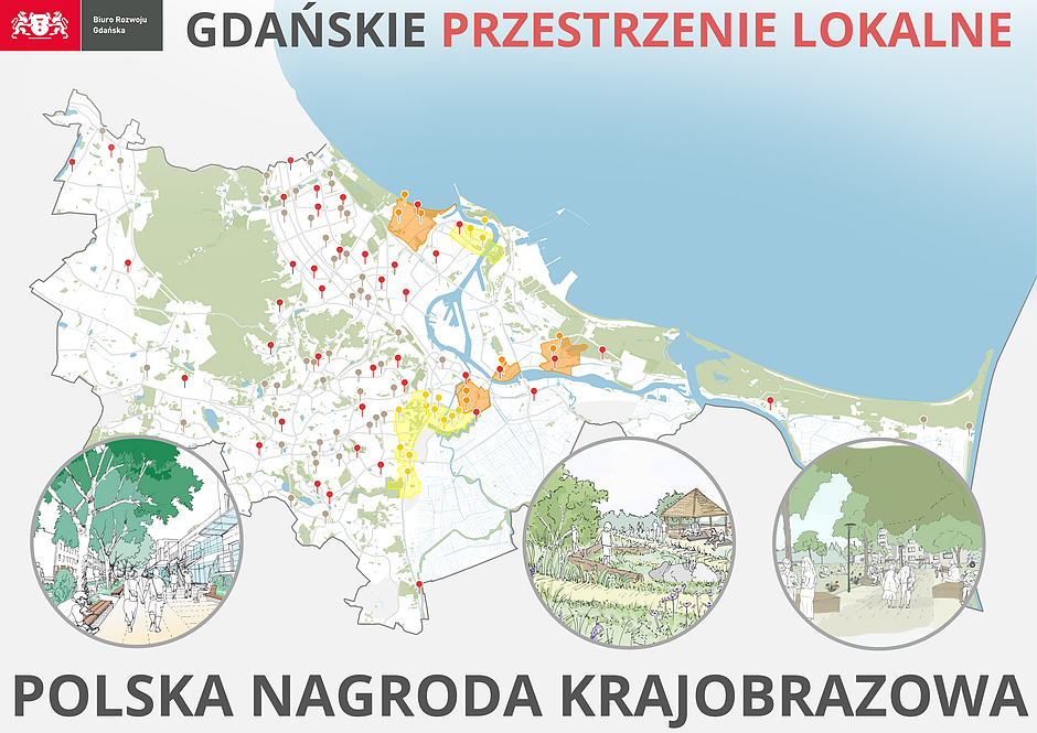 Plakat informujący o wyróżnieniu w konkursie Polska Nagroda Krajobrazowa dla Gdańskich Przestrzeni Lokalnych