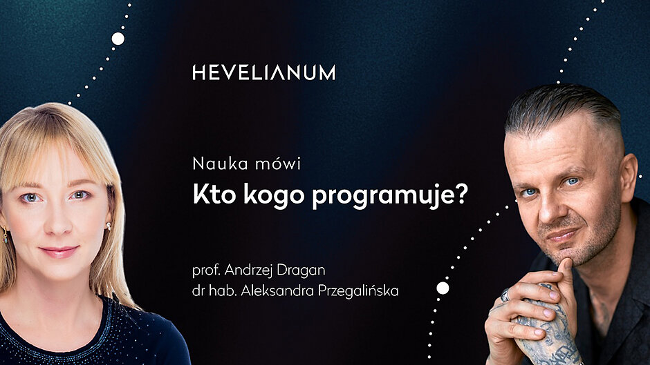 Grafika z twarzami kobiety i mężczyzny oraz zapowiedzią spotkania z naukowcami.