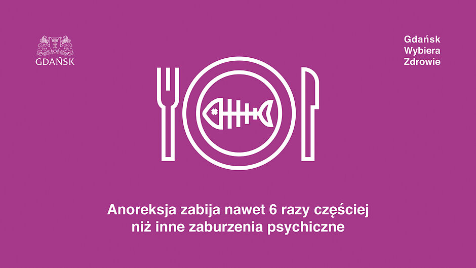 Grafika z rysunkiem talerza i szkieletem ryby oraz ostrzeżeniem o anoreksji.