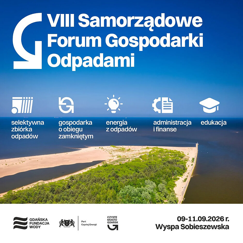 Grafika ze zdjęcie plaży i morza i informacją o wydarzeniu poświęconym gospodarce odpadami.