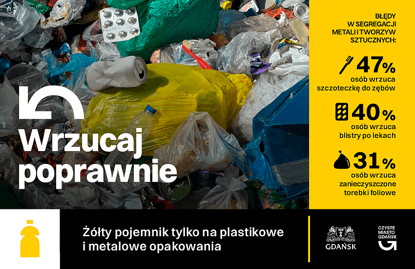 plakat promujący prawidłową segregację odpadów plastikowy i metalowych, główny motyw to stos różnorodnych odpadów, w zbliżeniu
