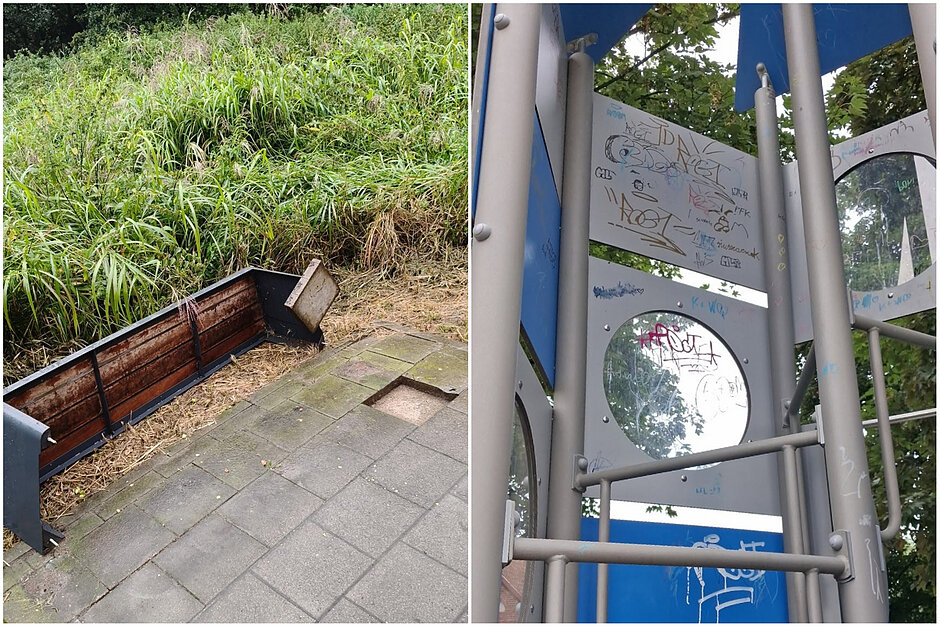Kolaż dwóch zdjęć. Na pierwszym przewrócona ławka w parku, a drugim pomazane elementy placu zabaw.