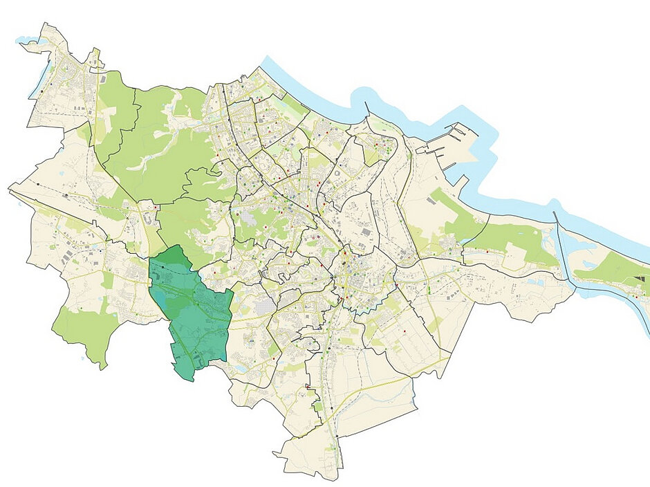 Mapa miasta z zaznaczonymi konturami obszaru Jasienia