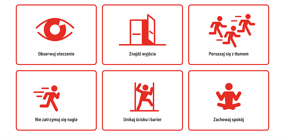 Infografika pokazująca zasady bezpiecznego zachowania się w tłumie