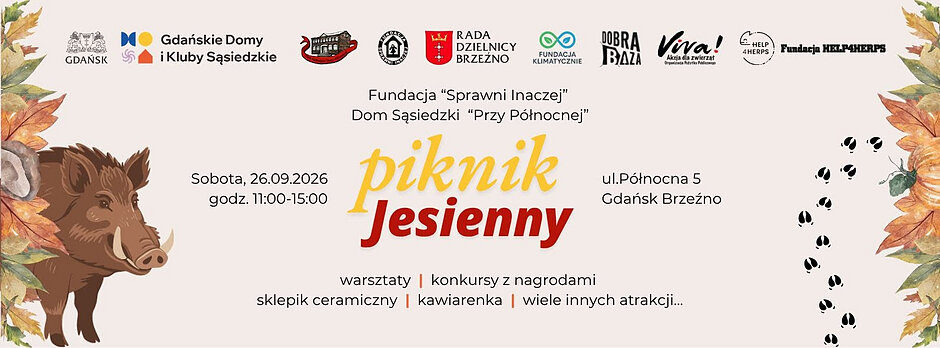 Grafika z rysunkiem jesiennych liści i dzika oraz informacją o pikniku jesiennym.