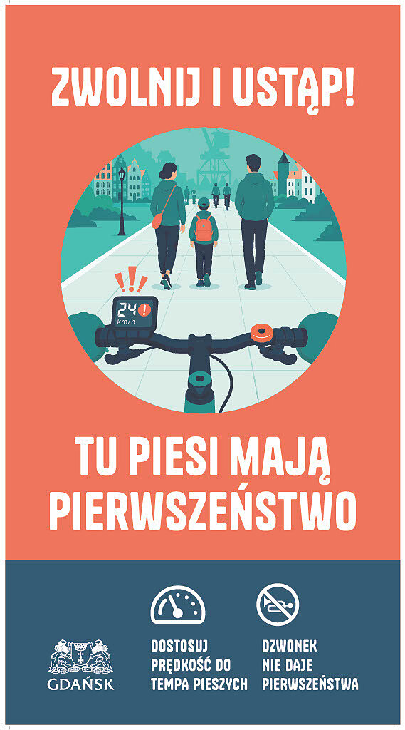 Plakat przedstawia perspektywę rowerzysty jadącego z prędkością 24 km/h, który zbliża się od tyłu do spacerującej rodziny z dzieckiem. Grafika zawiera ostrzegawcze hasła informujące, że w tym miejscu to piesi mają pierwszeństwo, a rowerzysta powinien zwolnić i dostosować swoją prędkość.