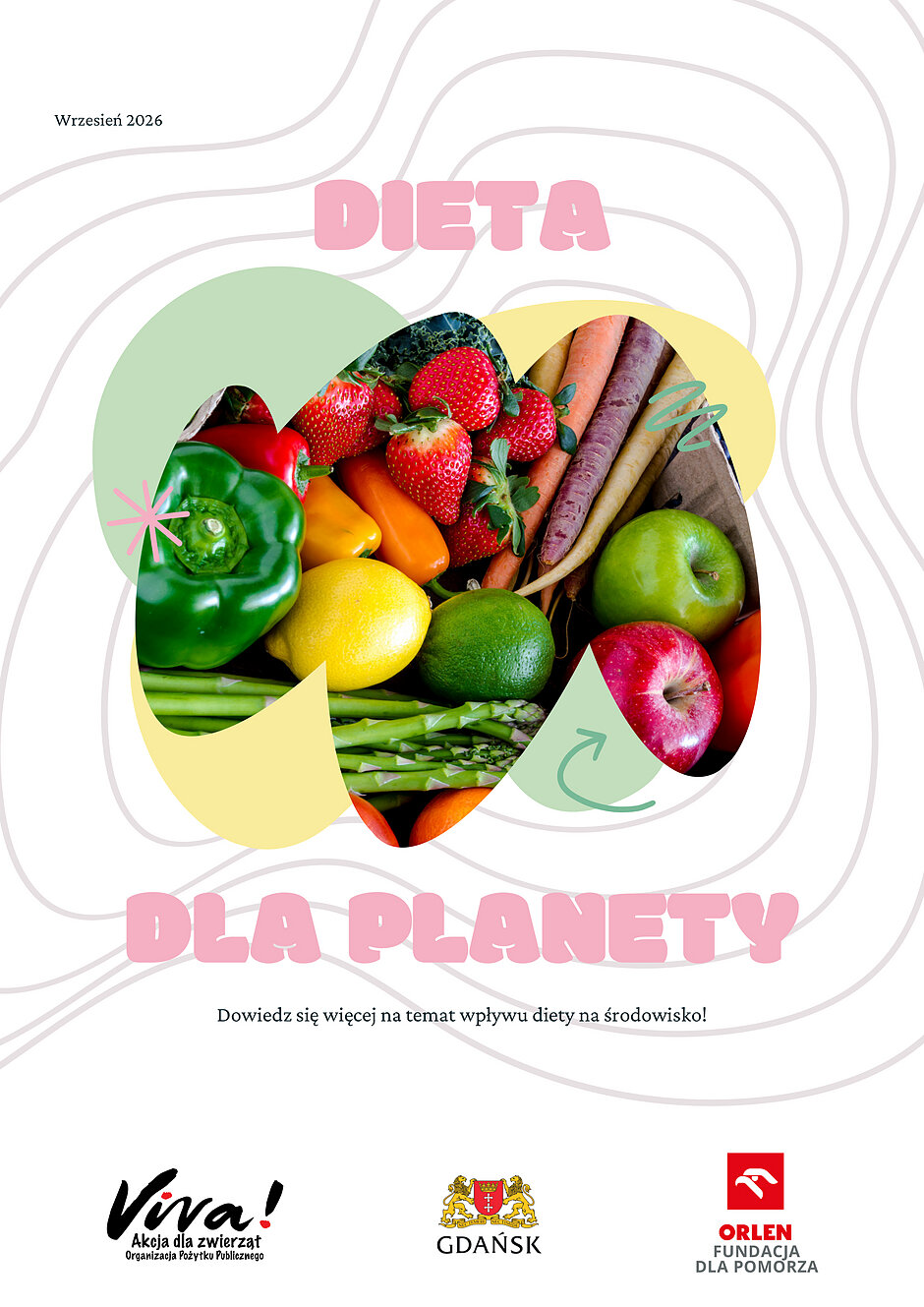 Grafika będąca okładka poradnika "Dieta dla Planety" ze zdjęciem warzyw.