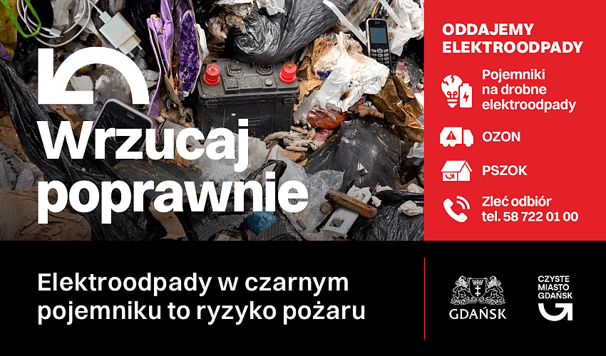 Grafika ze zdjęciem elektrośmieci informująca o prawidłowej segregacji odpadów.