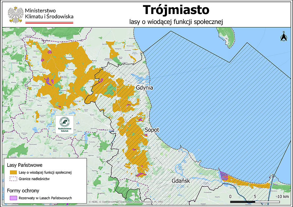 mapa z zaznaczanymi lasami społecznymi wokół Trójmiasta.