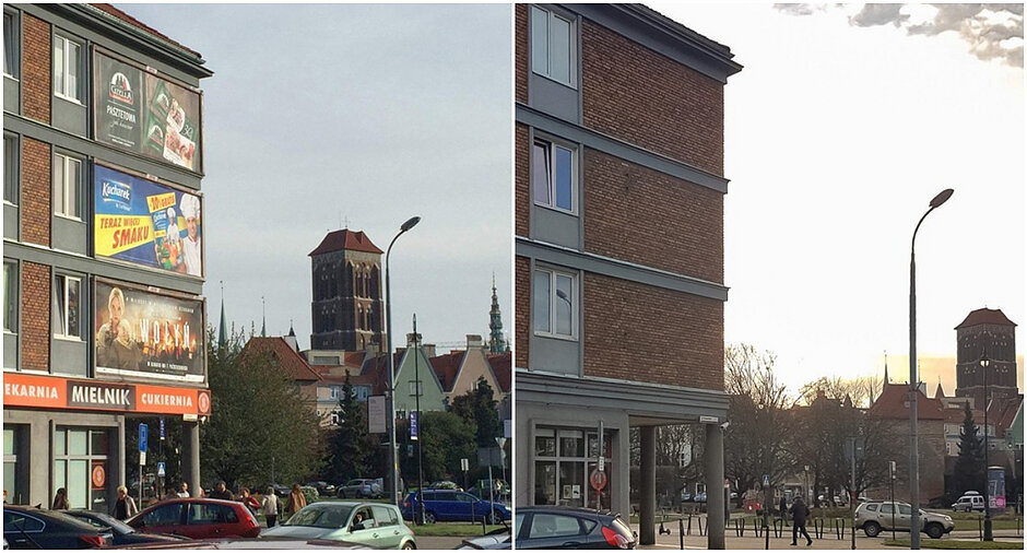 Kolaż dwóch zdjęć pokazujących fragment miasta przed i po wprowadzeniu uchwały krajobrazowej, gdzie na jednym zdjęciu est baner reklamowy, a na drugim go brak.