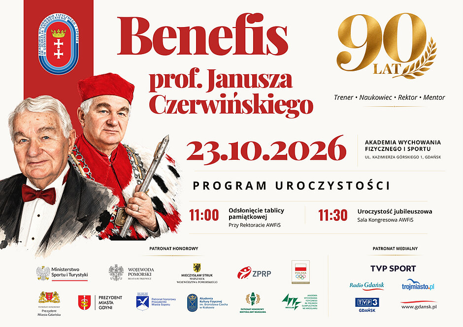 Grafika przedstawiająca profesora Janusza Czerwińskiego oraz program uroczystości.
