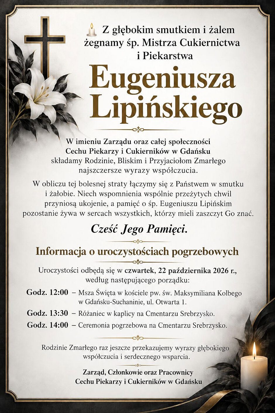 Klepsydra z pożegnaniem mężczyzny i datą pogrzebu.