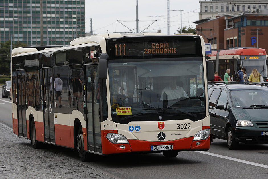 Komunikacja Miejska. Zdjęcie autobusu lini 111 na tle "Zieleniaka" 