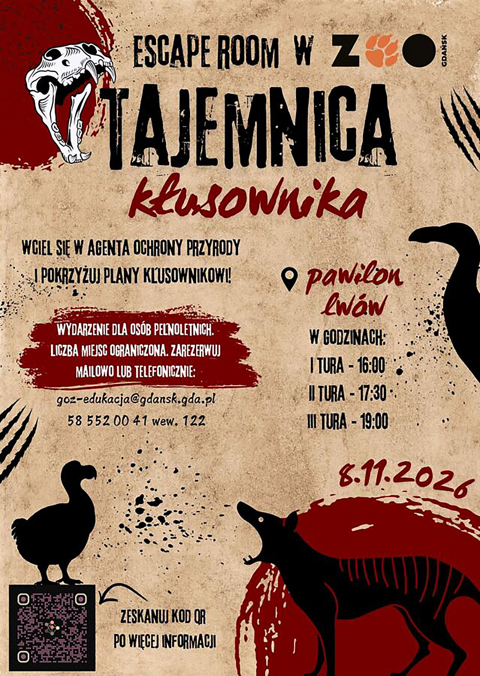 Plakat graficzny zer zwierzakami i informacją o wydarzeniu escape room w zoo.