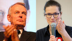 Dwa zdjęcia połączone w jedno: po lewej twarz mężczyzny w średnim wieku, po prawej kobiety w okularach z mikrofonem w ręku