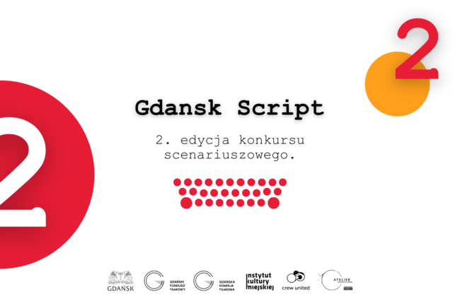 Grafika promuje drugą edycję konkursu scenariuszowego Gdansk Script. Na środku znajduje się napis Gdansk Script oraz informacja o konkursie, otoczona graficznymi elementami w postaci dużej czerwonej liczby 2 i mniejszych czerwonych kropek ułożonych w rzędach.