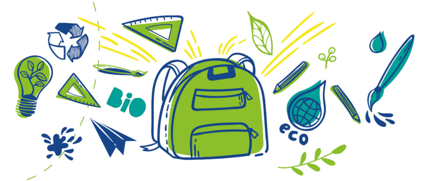 Luźno rozrzucone elementy graficzne, kojarzące się z edukacją klimatyczną, np. plecak, pędzel do farb, ekierki, znak recyklingu. Kolorystyka w odcieniach zieleni i niebieskiego.