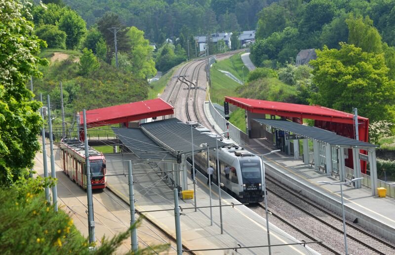 podwójny przystanek kolejowo-tramwajowy, stoją na nim tramwaj i pociąg
