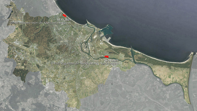 Mapa fragmentu miasta z zaznaczonymi na czerwono miejscami (Jelitkowo i Stogi)