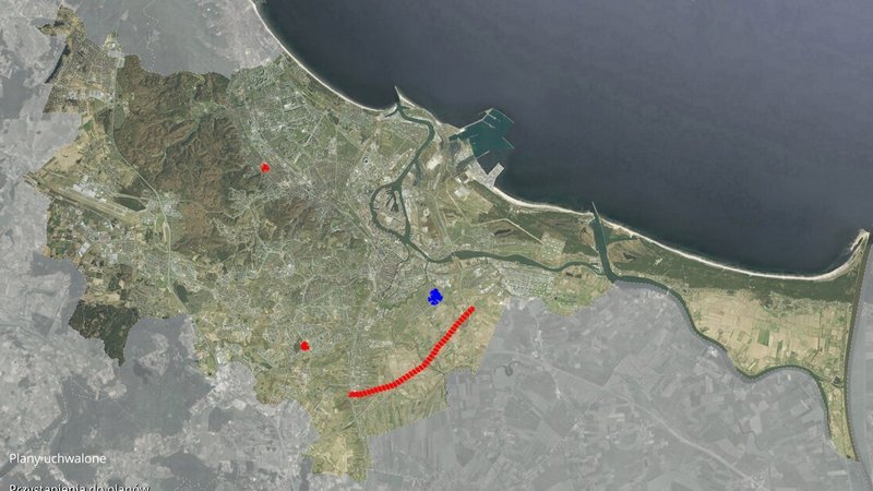 Mapa Gdańska z zaznaczonymi czterema miejscami (dwa czerwoną kropką, jedno granatową, jedno czerwoną linią) 