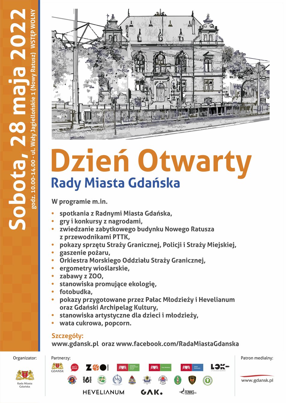 Plakat Dnia Otwartego Rady Miasta 28 maja z rysunkiem budynku Rady Miasta Gdańska i opisanym w artykule programem.