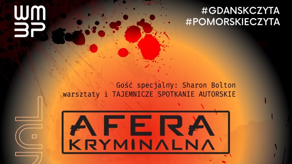 Festiwalowy baner utrzymany w kolorystyce czarno pomarańczowej. Jako element graficzny - czerwone rozbryzgane krople, przypominające krew. Centralnie znajduje się nazwa festiwalu i nazwisko głównej gwiazdy - Sharon Bolton. W lewym górnym rogu - logo Wojewódzkiej i Miejskiej Biblioteki Publicznej w Gdańsku. Po prawej, u góry hasła dwóch akcji czytelniczych: #GDANSKCZYTA i #POMORSKIECZYTA 
