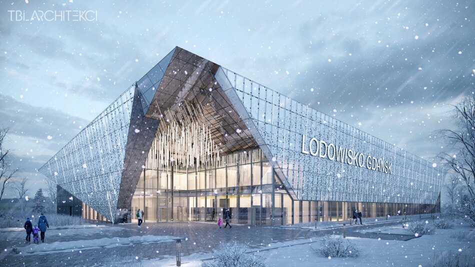wizualizacja przedstawia planowany budynek lodowiska, jest w jasnej elewacji, trzy kondygnacyjny, z oszklonym wejściem